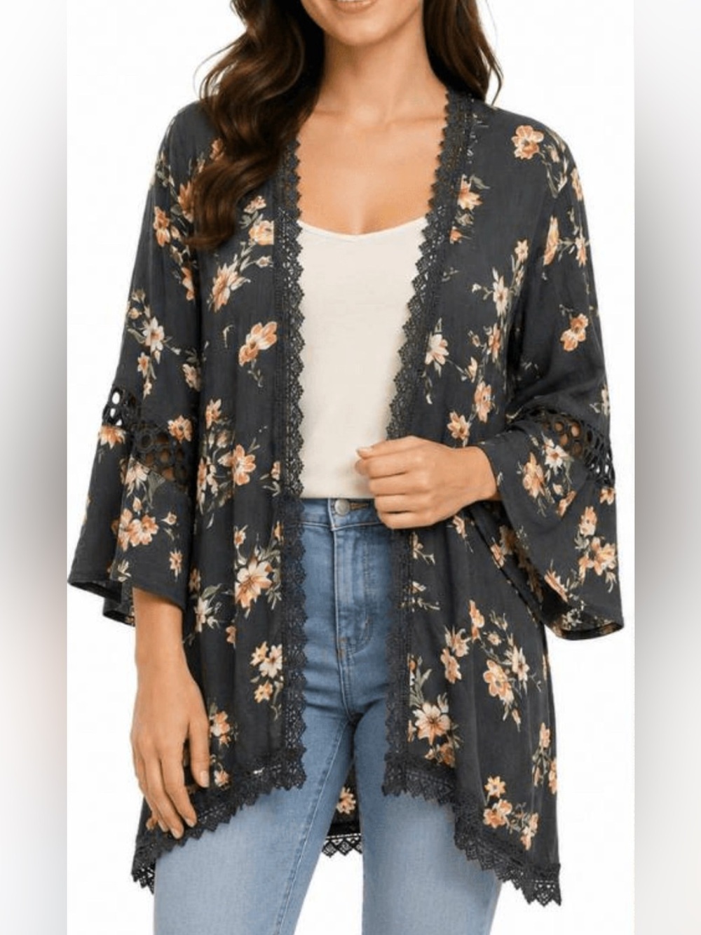 Maurices Grey Floral Lace Trim Kimono Bell Sleeves XXL Fall Layer Boho Festival